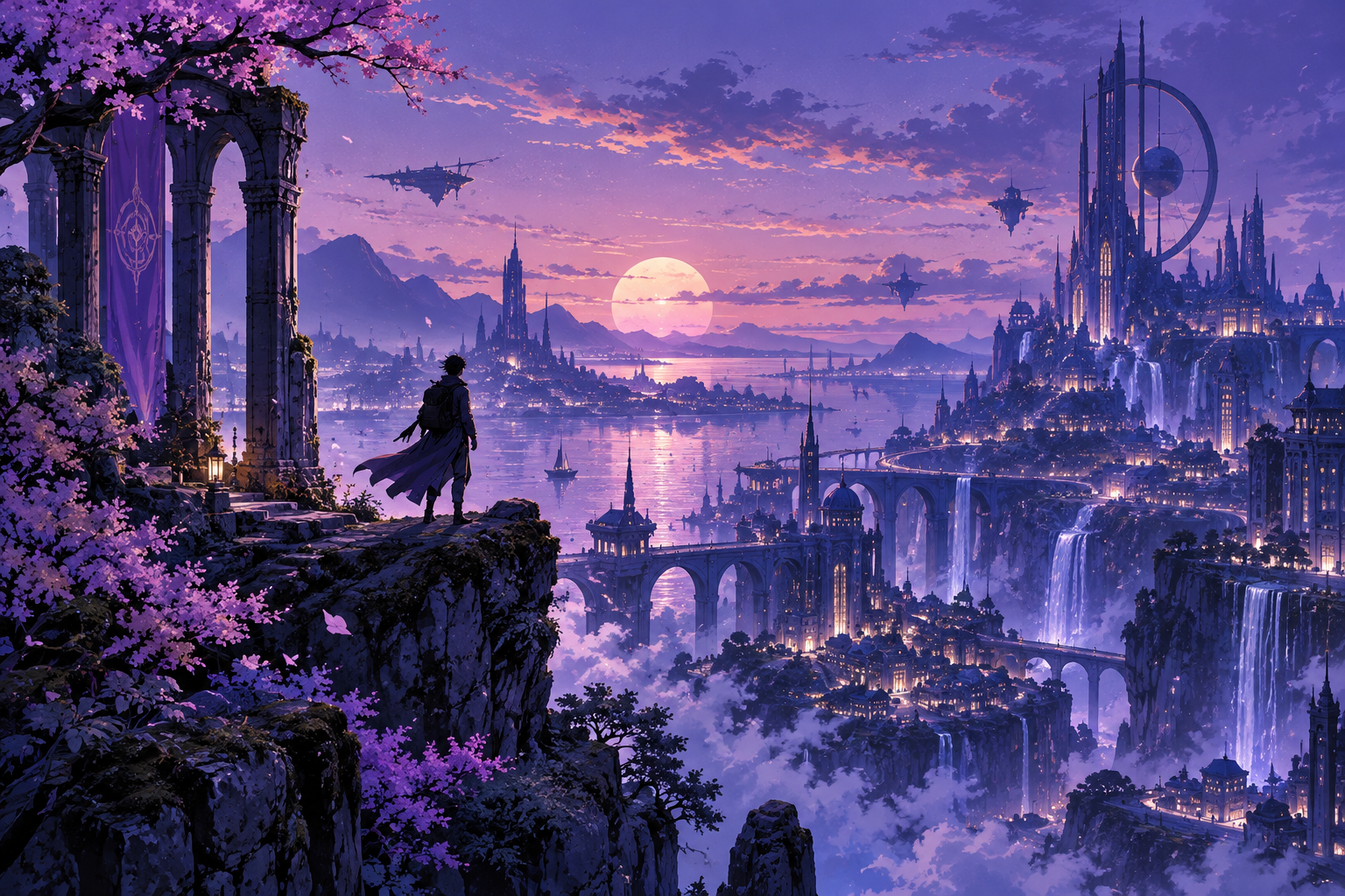 original anime-inspired futuristic city at dusk with tiny adult traveler silhouette, violet coral and cobalt, no existing characters no text